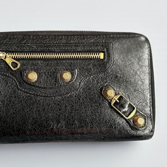 Balenciaga Classic Zip Around Wallet Black Leather Moto Studs Aged Brass - Picture 3 of 14